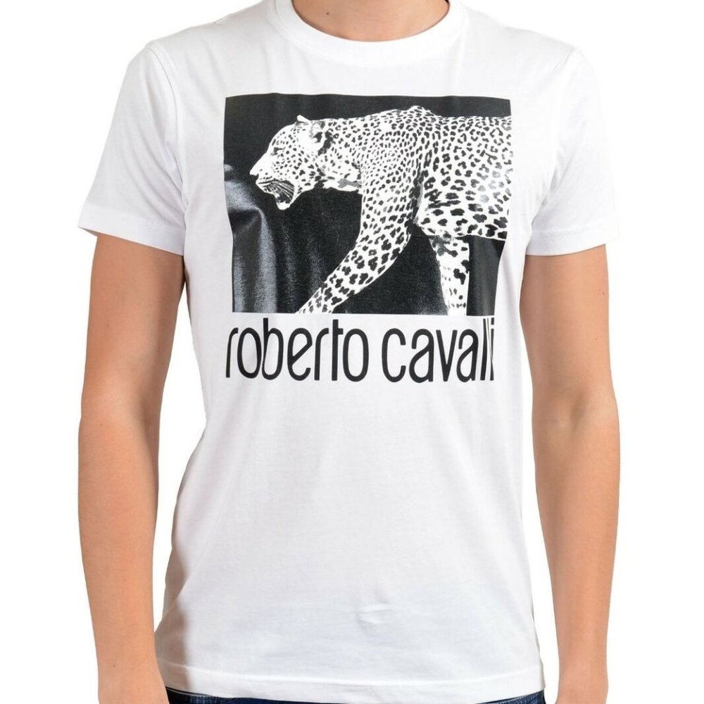 Roberto Cavalli Mens White Graphic Leopard T-Shirt